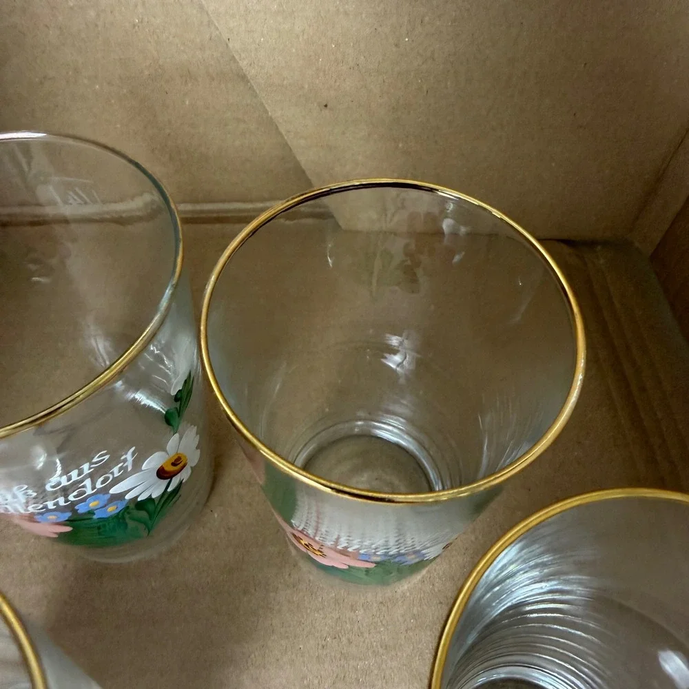 Vintage‎ Handpainted German Ballendorf Floral Glass Tumblers Gold Rim Set of 4